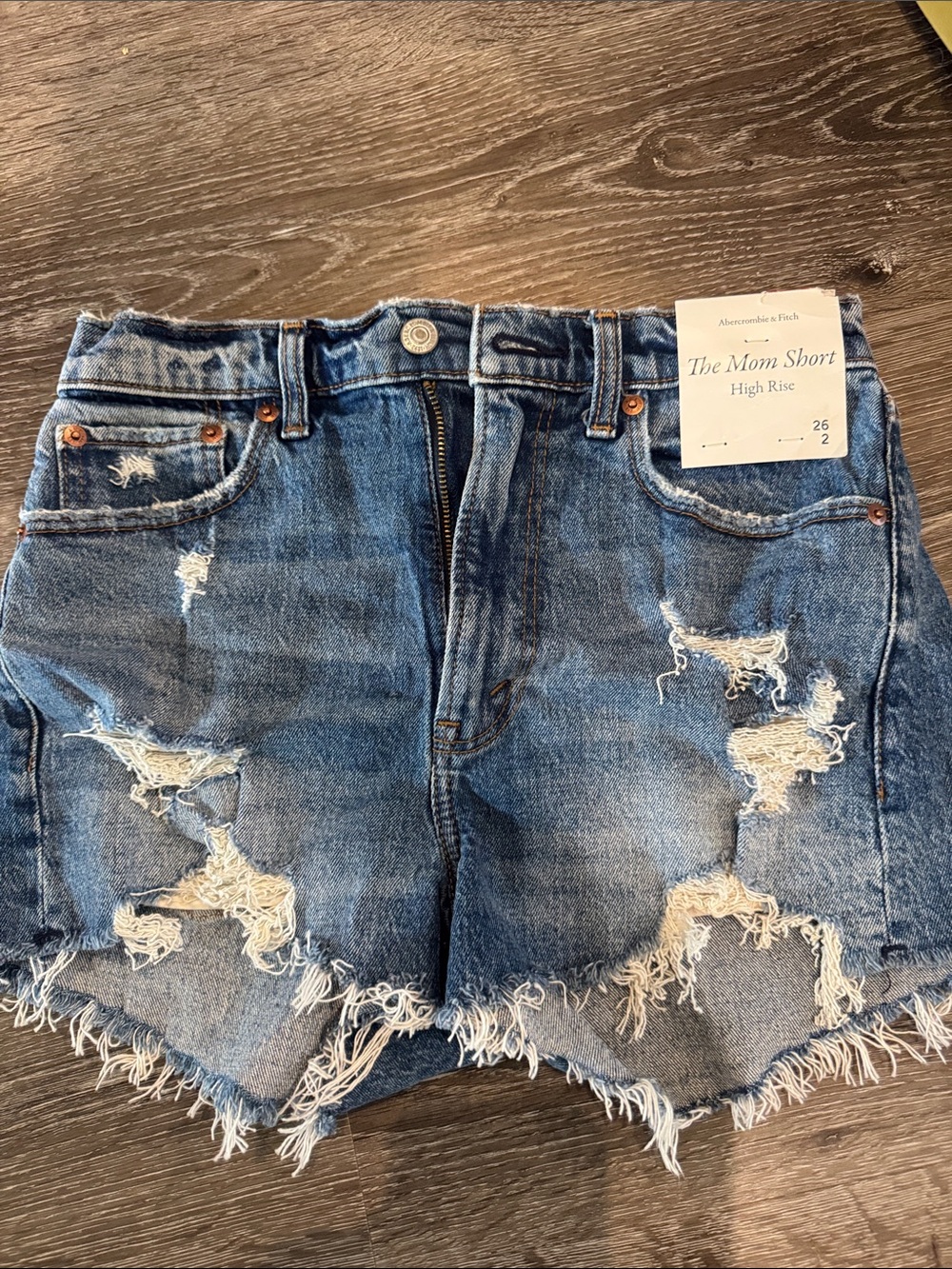 Abercrombie & Fitch Distressed High-Rise Denim Shorts - Blue